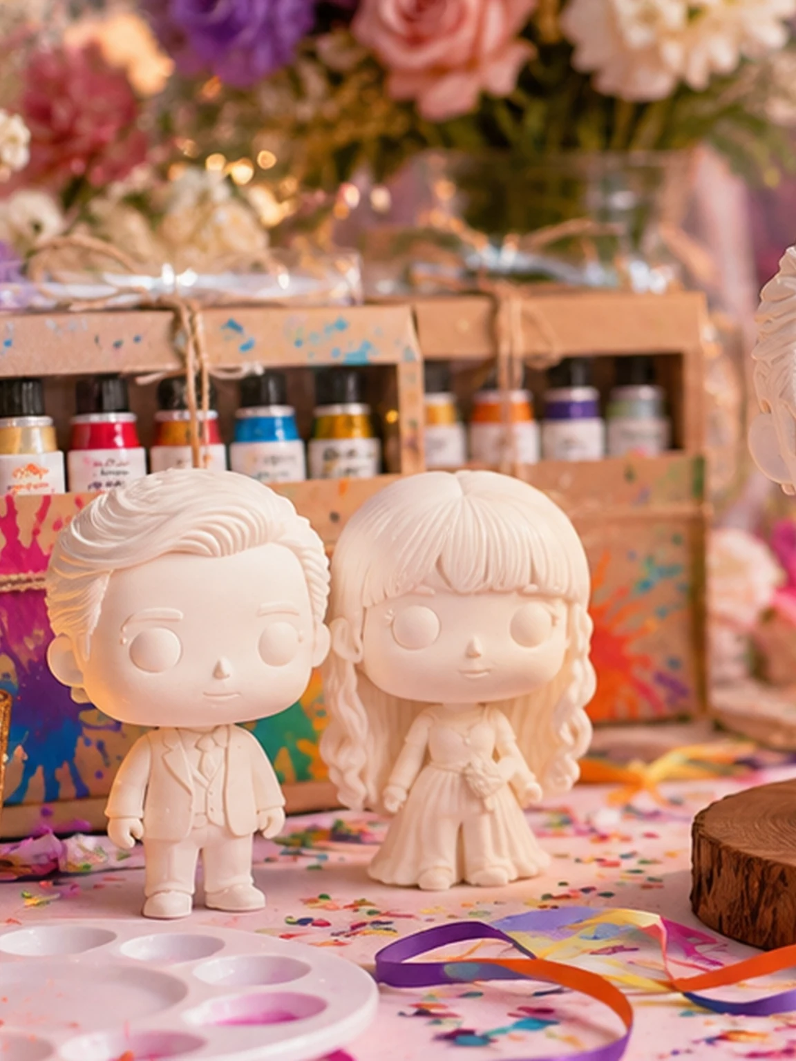Kits abiertos con figuras, pinturas, pinceles y guía