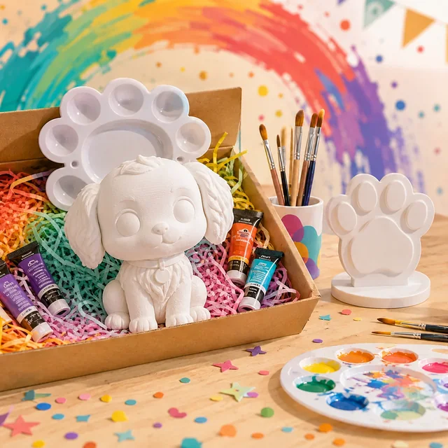 Kit FUN-KOLOREA para mascota con una figura de perro impresa en 3D lista para pintar